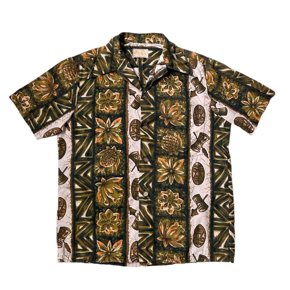 60s 70s Vintage Ui-Maikai Hawaiian Shirt Pointed Collar Tropical Tiki Print.